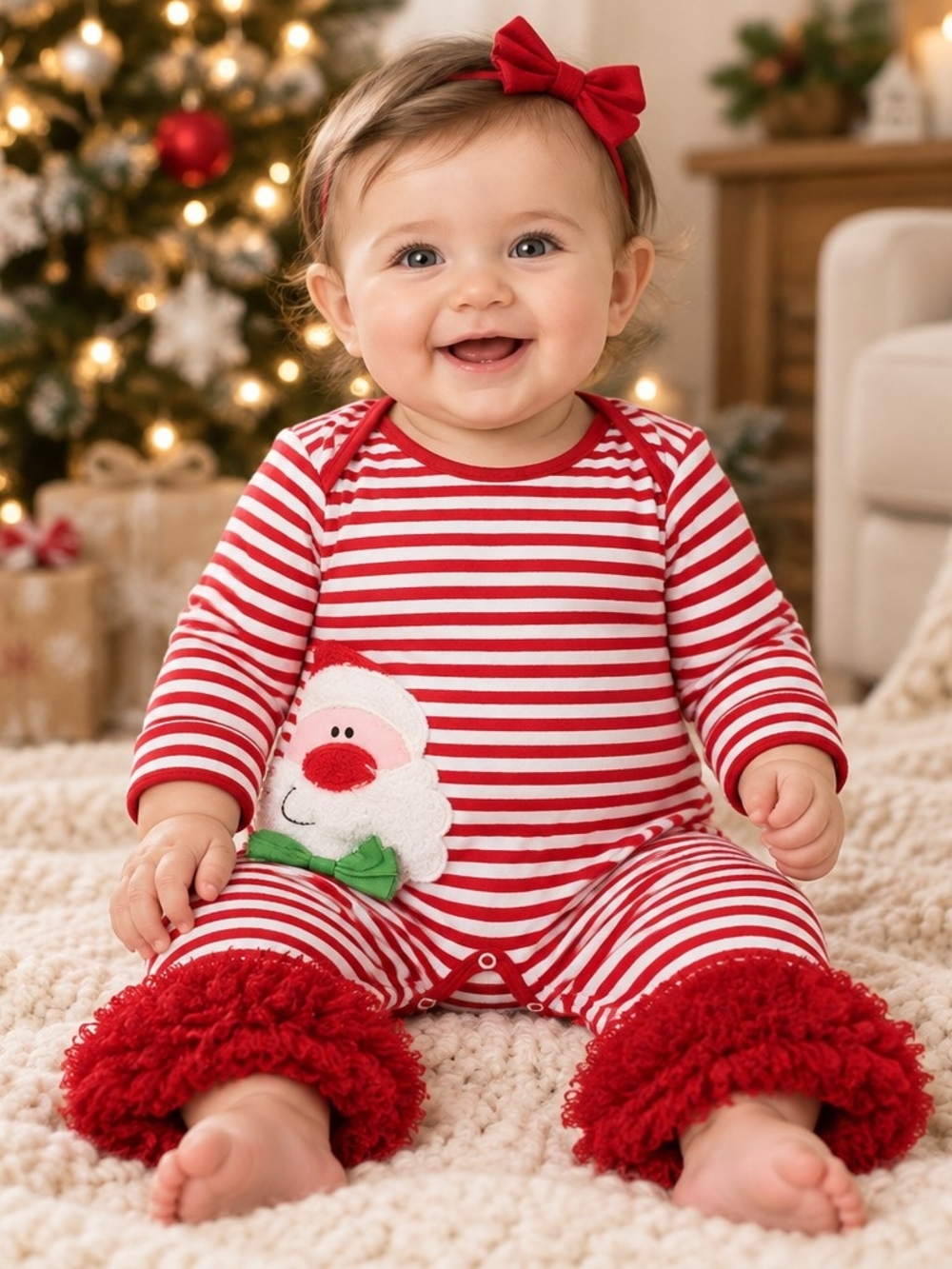 Striped Red & White Santa Appliqué One-Piece Romper Sz 6/9 Months